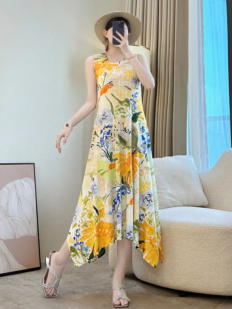 LANMREM Summer Women's Pleated Dress Loose Elastic Slim Sleeveless Printting Irregular Dresses 2025 New O-neck Clothing 2DB3427