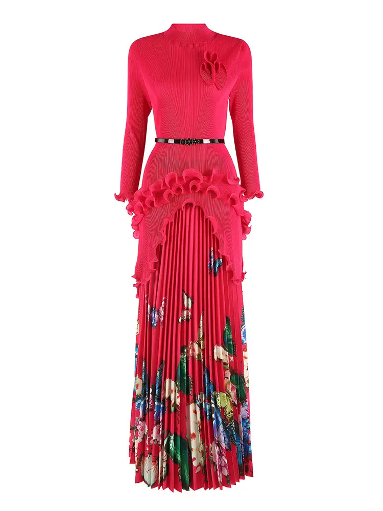 LANMREM Women's Irregular Ruffles Pleated Pullover Belt Top With Print Floor Length Skirt Two-piece Set Summer New 2DM1056