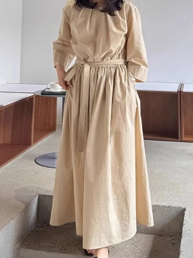 LANMREM New Pure Cotton Long Sleeved Lace Up Elegant Temperament Dress For Women Loose Oversized Pullover O-neck Dresses 2DB3020