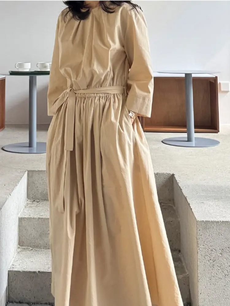 LANMREM New Pure Cotton Long Sleeved Lace Up Elegant Temperament Dress For Women Loose Oversized Pullover O-neck Dresses 2DB3020