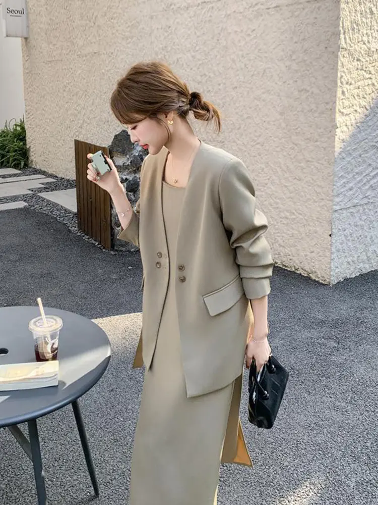 LANMREM Khaki Suit Set For Women 2025 New Niche Suspender Dress And Long Sleeve V Collar Blazer Coat Two Pieces Sets  2DB2791