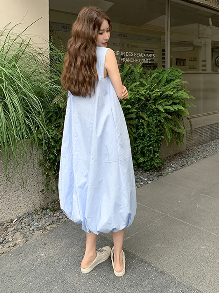 LANMREM Fashion Blue Sleeveless Puff Dress For Women 2025 Summer New Casual Long Dresses With Bag 2DM1039