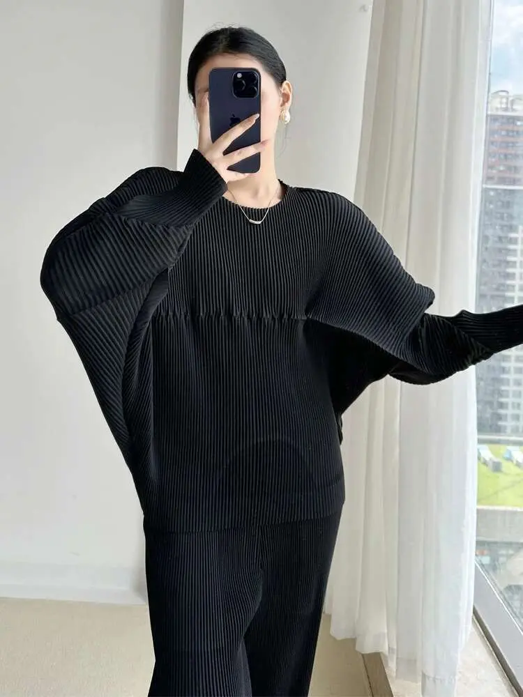 LANMREM Women Pleated 2 Pieces Set Casual Round Neck Bawting Sleeves Top + Elasitc Waist Full Straight Pants New Fashion 2DC1425