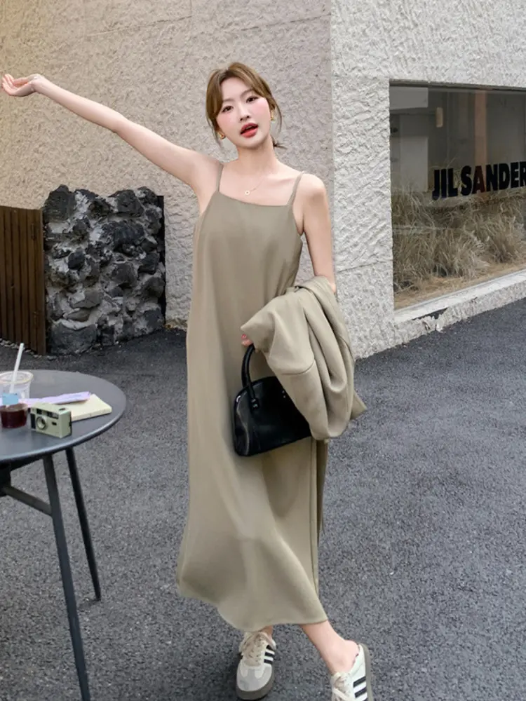 LANMREM Khaki Suit Set For Women 2025 New Niche Suspender Dress And Long Sleeve V Collar Blazer Coat Two Pieces Sets  2DB2791