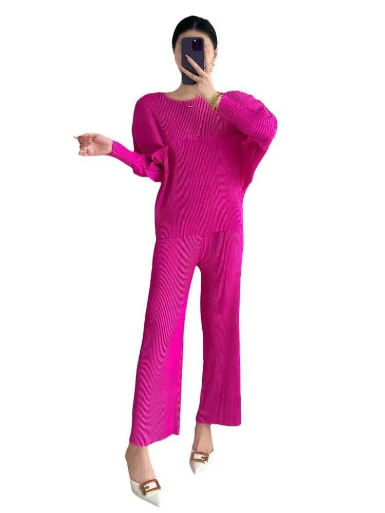 LANMREM Women Pleated 2 Pieces Set Casual Round Neck Bawting Sleeves Top + Elasitc Waist Full Straight Pants New Fashion 2DC1425
