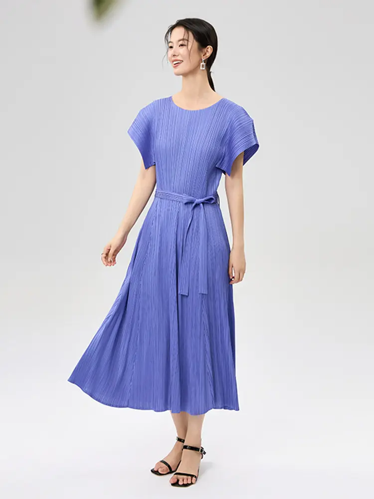 LANMREM Pleated 2025 Summer New Short Sleeve Round Neck French Lace Fold Dress For Women Elegant Elastic Long Dresses 2DB3419