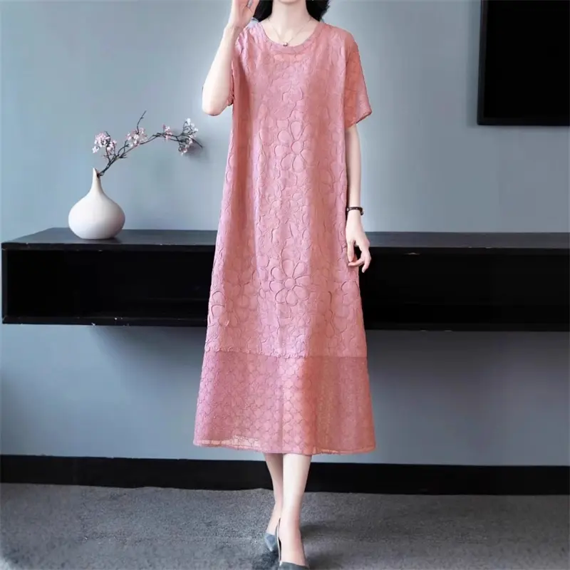 LANMREM Yellow Chic Pleated Women's Dress Temperament Solid Color Simple Elastic Loose Jacquard Short Sleeve Clothing 2DB4134