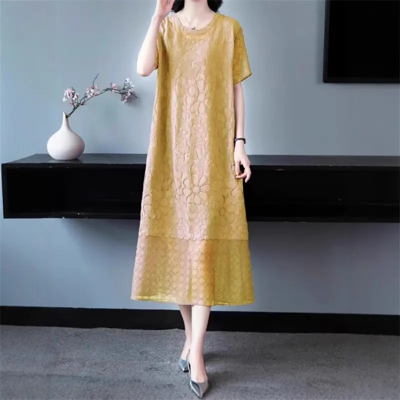 LANMREM Yellow Chic Pleated Women's Dress Temperament Solid Color Simple Elastic Loose Jacquard Short Sleeve Clothing 2DB4134