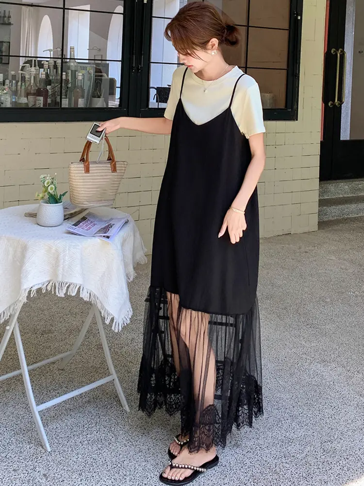 LANMREM Two-Piece Set For Women White T-Shirt With Strap Lace Long Dress Female Fashion Clothing 2025 Summer New 2DM1034