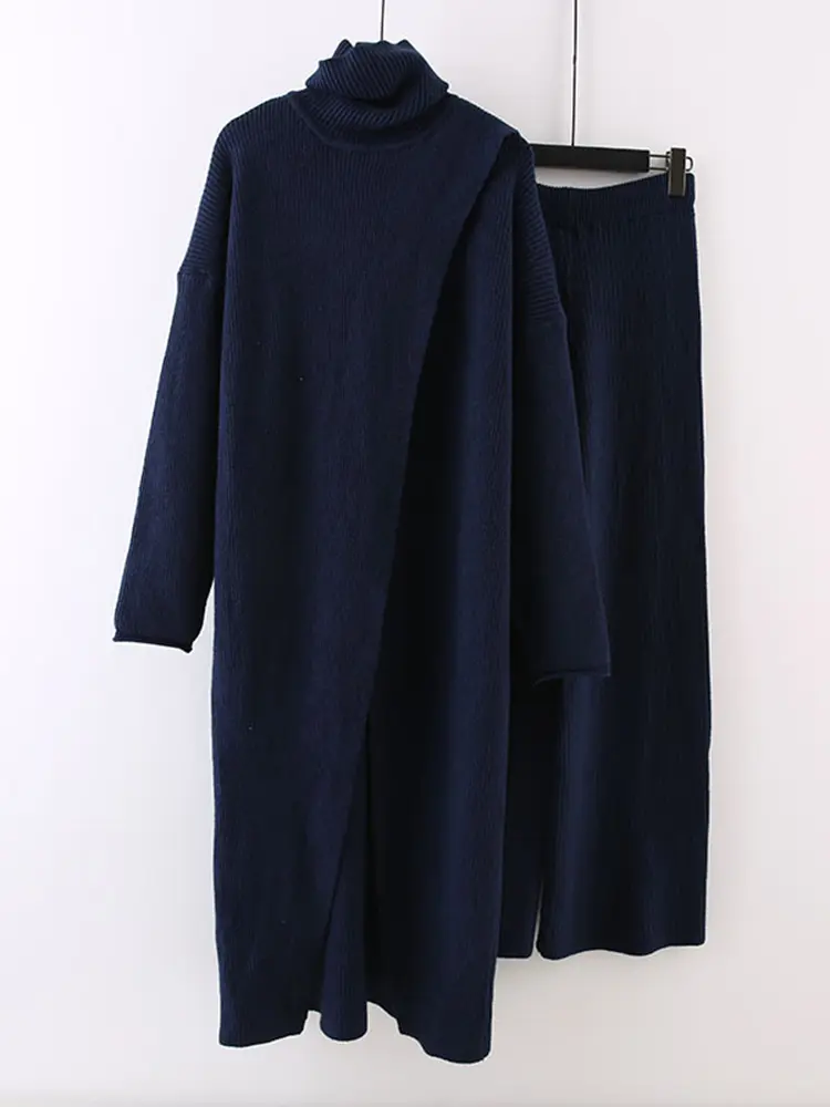 LANMREM Split Long High Neck Sweaters With Wide Leg Pants 2 Pieces Knitted Thickened Sets Female Loose Clothing Autumn 2DA1621