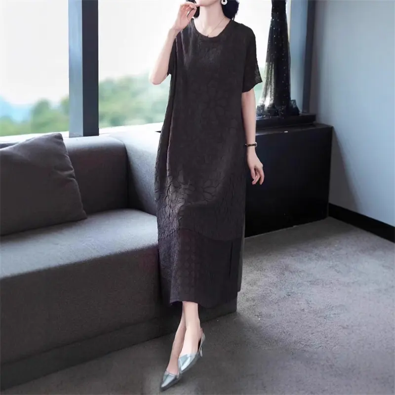 LANMREM Yellow Chic Pleated Women's Dress Temperament Solid Color Simple Elastic Loose Jacquard Short Sleeve Clothing 2DB4134