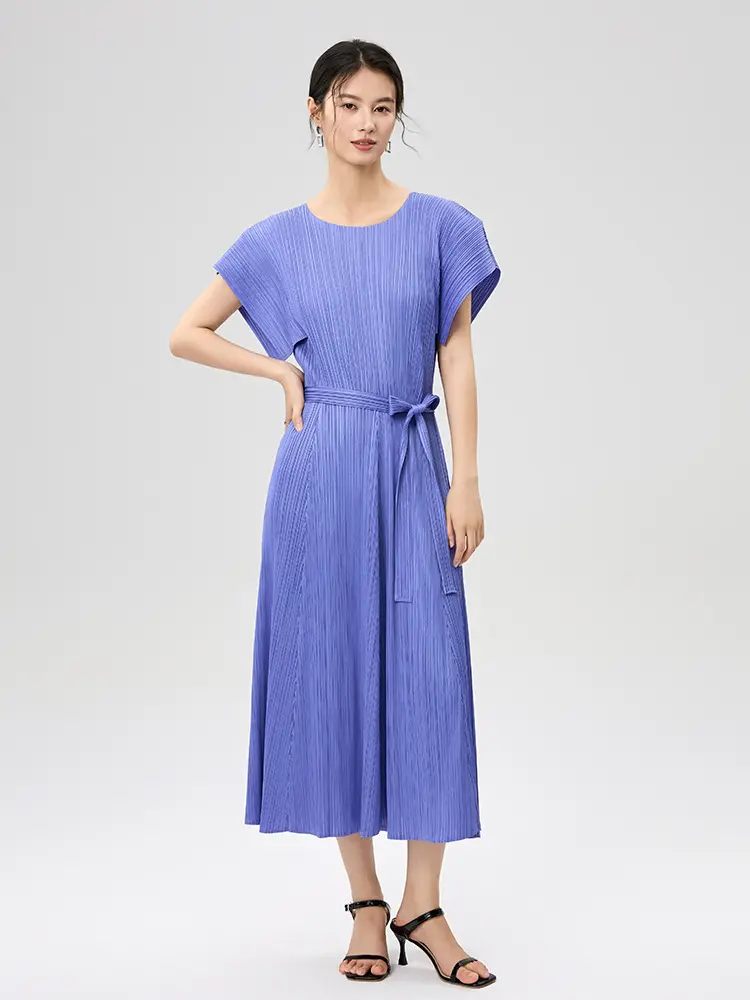LANMREM Pleated 2025 Summer New Short Sleeve Round Neck French Lace Fold Dress For Women Elegant Elastic Long Dresses 2DB3419