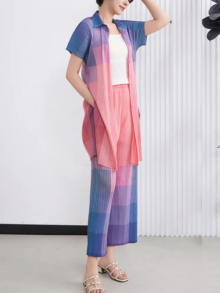 LANMREM Gradient Pleated Women's Two-piece Set 2025 New Summer Short Sleeve Pleated Long Shirt + Casual  Wide Leg Pants 2DB3228