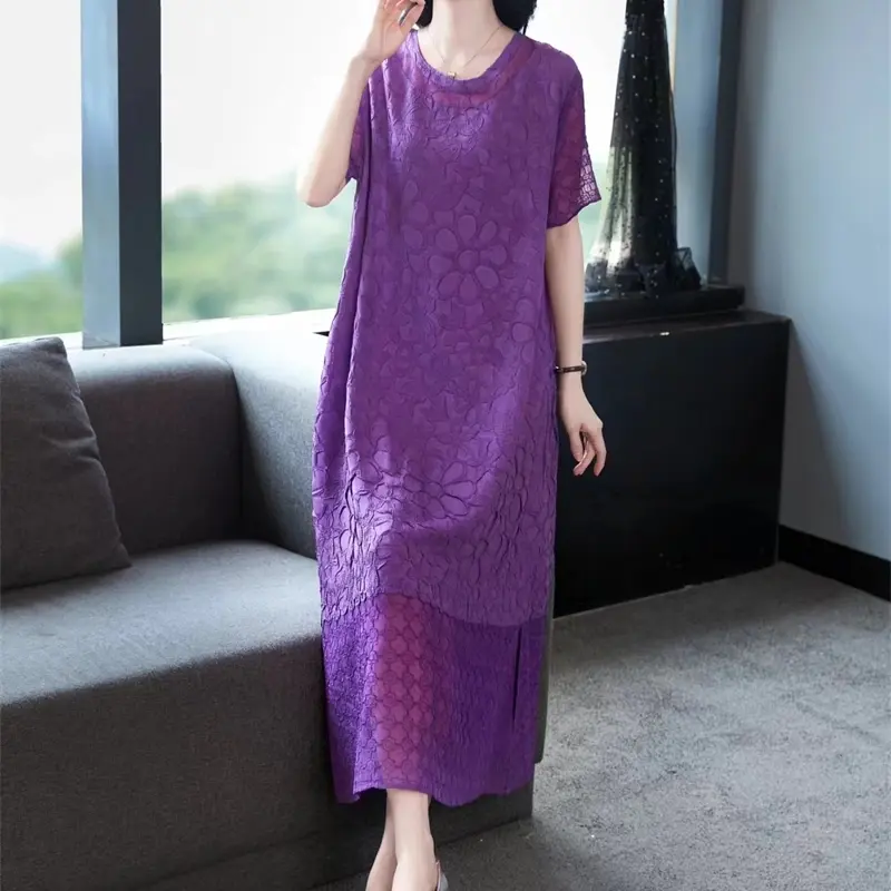 LANMREM Yellow Chic Pleated Women's Dress Temperament Solid Color Simple Elastic Loose Jacquard Short Sleeve Clothing 2DB4134