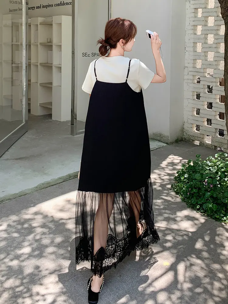 LANMREM Two-Piece Set For Women White T-Shirt With Strap Lace Long Dress Female Fashion Clothing 2025 Summer New 2DM1034