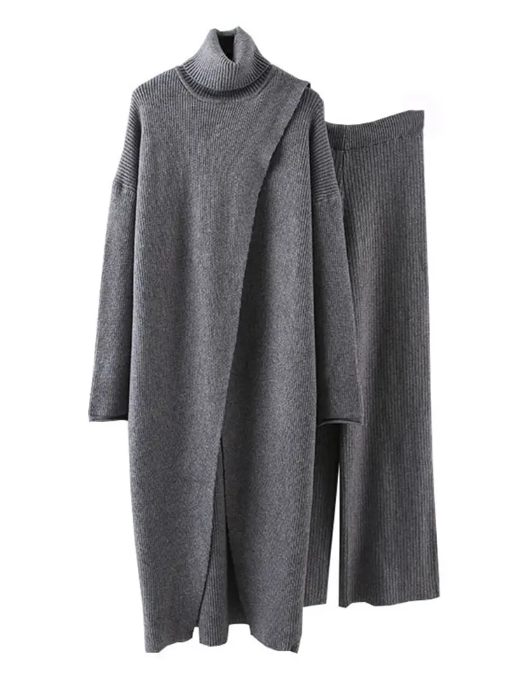LANMREM Split Long High Neck Sweaters With Wide Leg Pants 2 Pieces Knitted Thickened Sets Female Loose Clothing Autumn 2DA1621