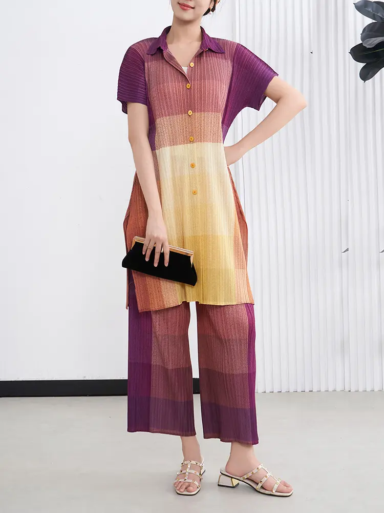LANMREM Gradient Pleated Women's Two-piece Set 2025 New Summer Short Sleeve Pleated Long Shirt + Casual  Wide Leg Pants 2DB3228