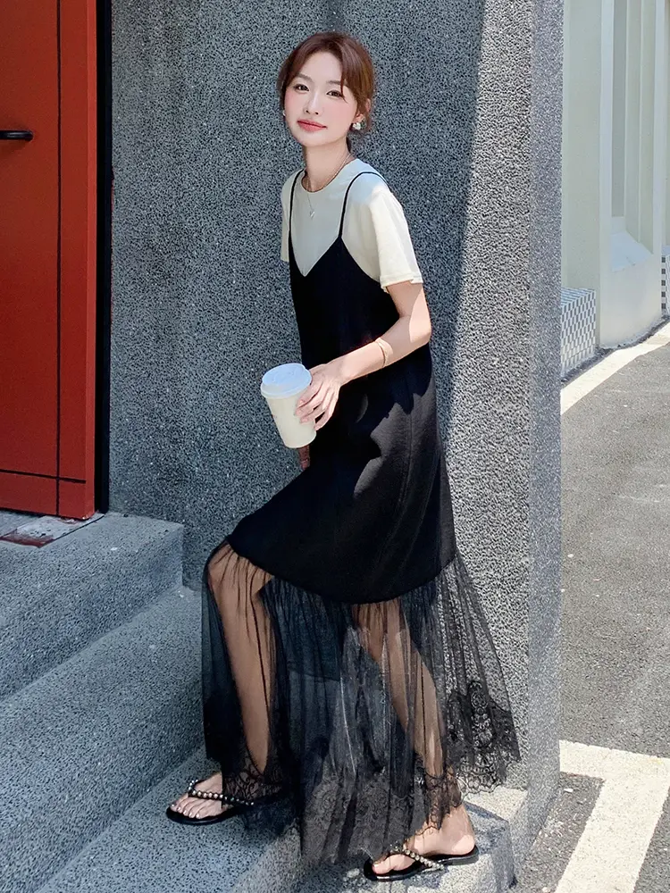 LANMREM Two-Piece Set For Women White T-Shirt With Strap Lace Long Dress Female Fashion Clothing 2025 Summer New 2DM1034