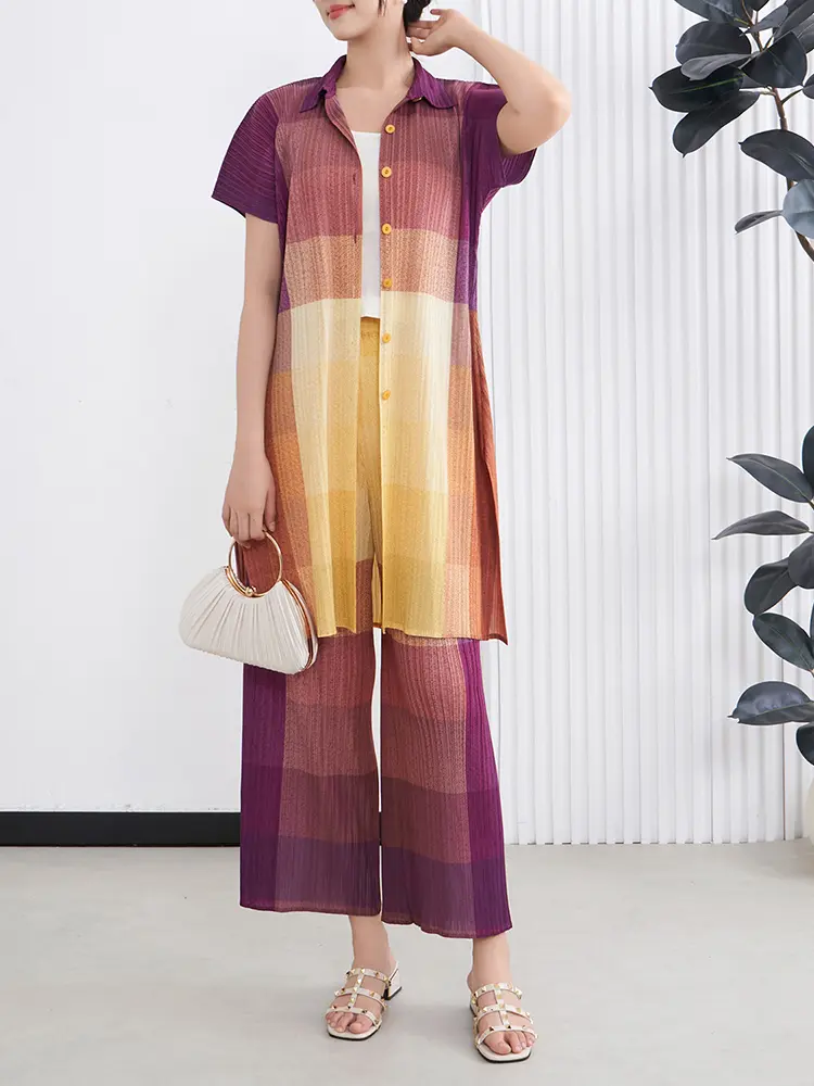 LANMREM Gradient Pleated Women's Two-piece Set 2025 New Summer Short Sleeve Pleated Long Shirt + Casual  Wide Leg Pants 2DB3228