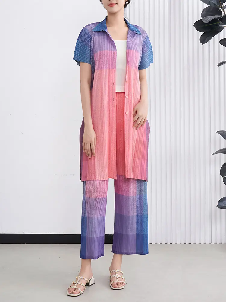 LANMREM Gradient Pleated Women's Two-piece Set 2025 New Summer Short Sleeve Pleated Long Shirt + Casual  Wide Leg Pants 2DB3228