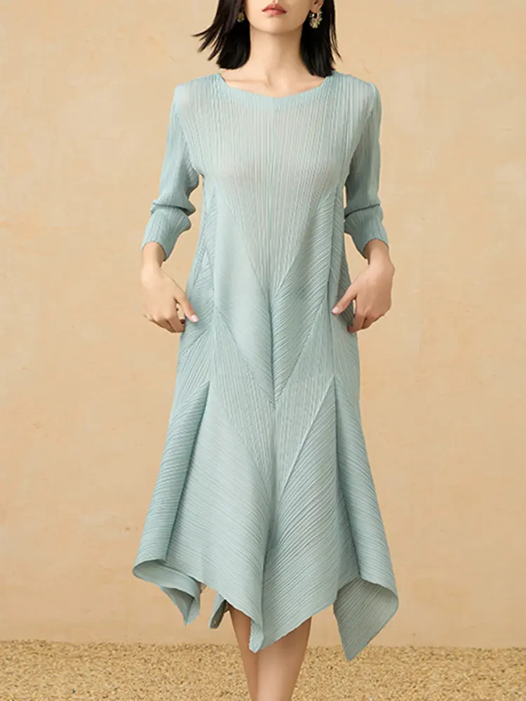 LANMREM Pleated Dress 2025 Summer New Loose Elegant Puff Sleeve Three-quarter Sleeve Irregular Long Dresses Fashion 2DM1053