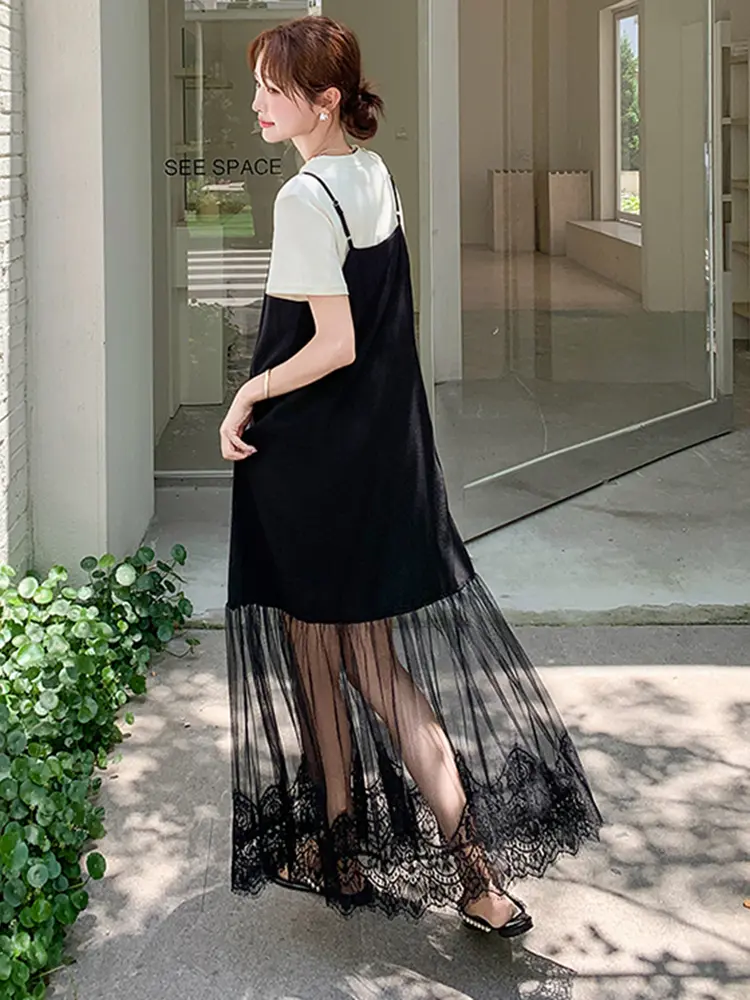 LANMREM Two-Piece Set For Women White T-Shirt With Strap Lace Long Dress Female Fashion Clothing 2025 Summer New 2DM1034