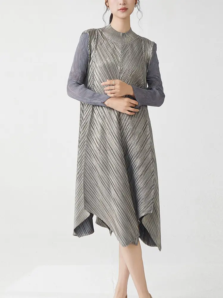 LANMREM Gold Foil Printing Design Irregular Pleated Women's Dress Elastic Loose Long Sleeves High-end Stand Collar Cloth 2DB3554