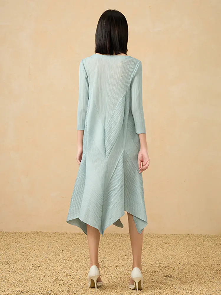 LANMREM Pleated Dress 2025 Summer New Loose Elegant Puff Sleeve Three-quarter Sleeve Irregular Long Dresses Fashion 2DM1053