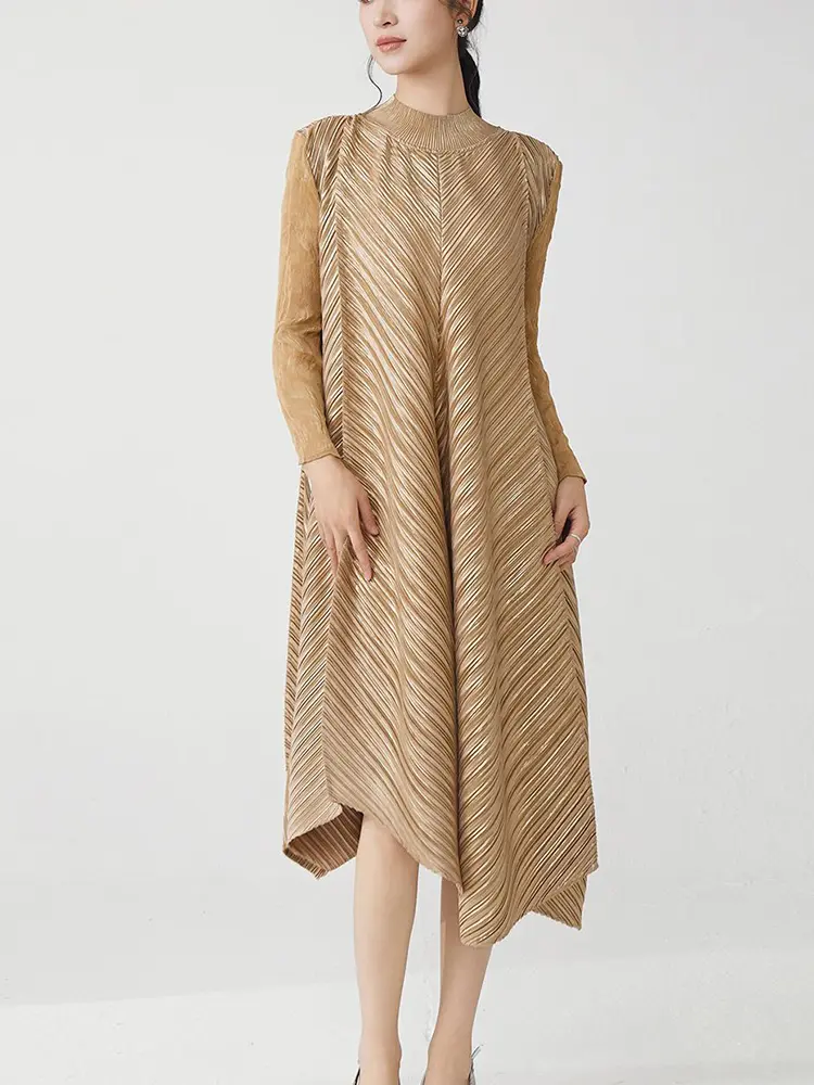 LANMREM Gold Foil Printing Design Irregular Pleated Women's Dress Elastic Loose Long Sleeves High-end Stand Collar Cloth 2DB3554