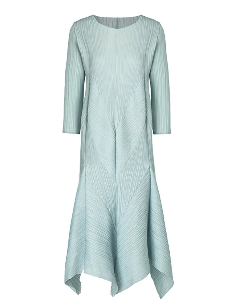 LANMREM Pleated Dress 2025 Summer New Loose Elegant Puff Sleeve Three-quarter Sleeve Irregular Long Dresses Fashion 2DM1053