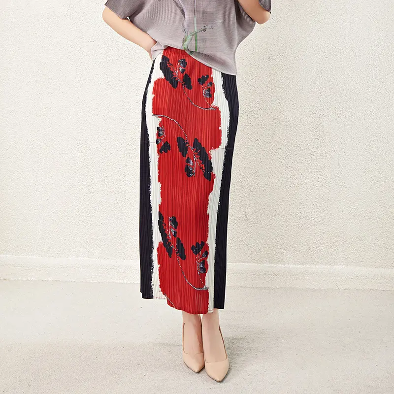 LANMREM Chic Design Ink Print Color Block Skirt For Women Spring Summer 2025 New Elaist High Waist Slim Pleated Skirts 2DB3857