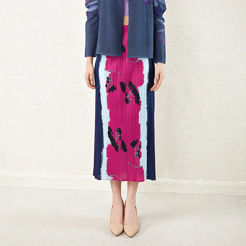 LANMREM Chic Design Ink Print Color Block Skirt For Women Spring Summer 2025 New Elaist High Waist Slim Pleated Skirts 2DB3857