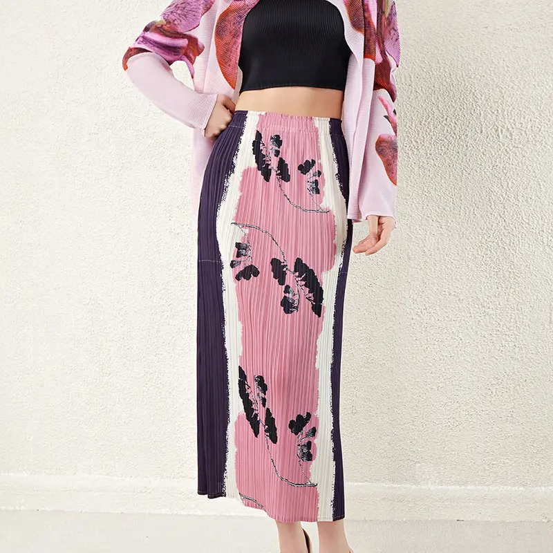 LANMREM Chic Design Ink Print Color Block Skirt For Women Spring Summer 2025 New Elaist High Waist Slim Pleated Skirts 2DB3857