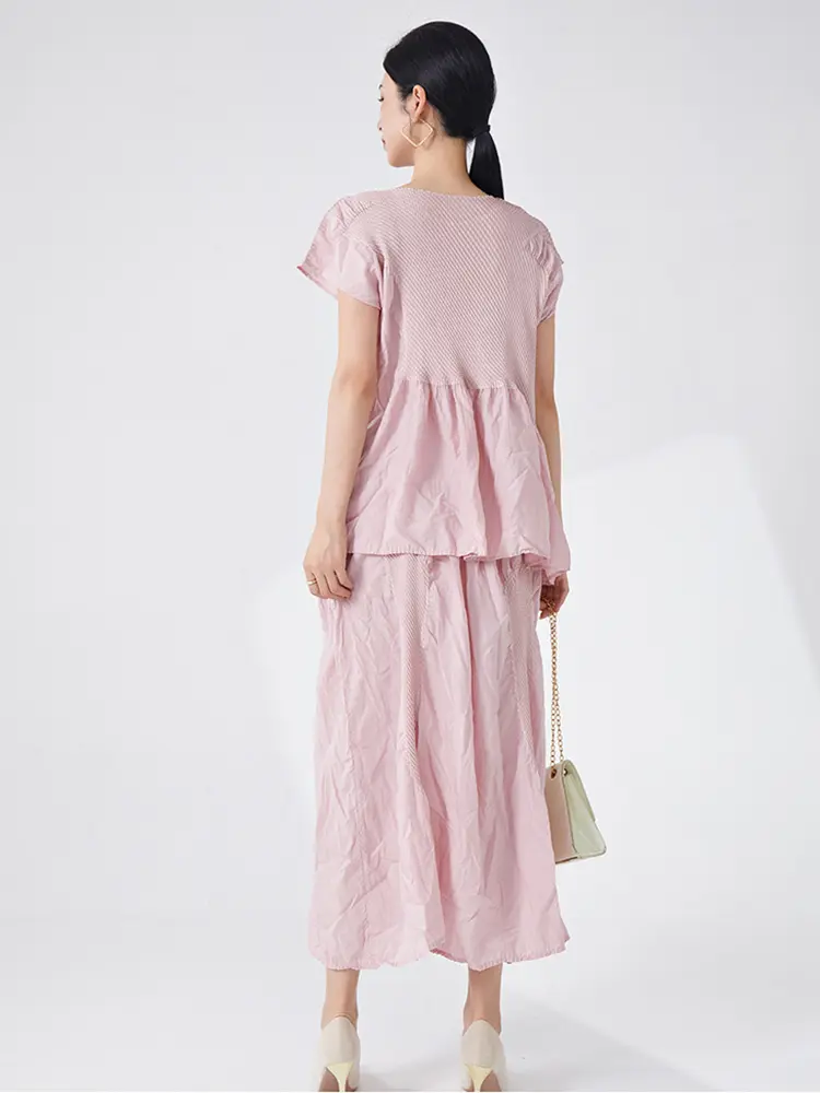LANMREM High Quality Pink Irregular Pleated Design Women's Set 2025 New Summer Short Top And Elastic Waist Skirt Chic 2DB3317