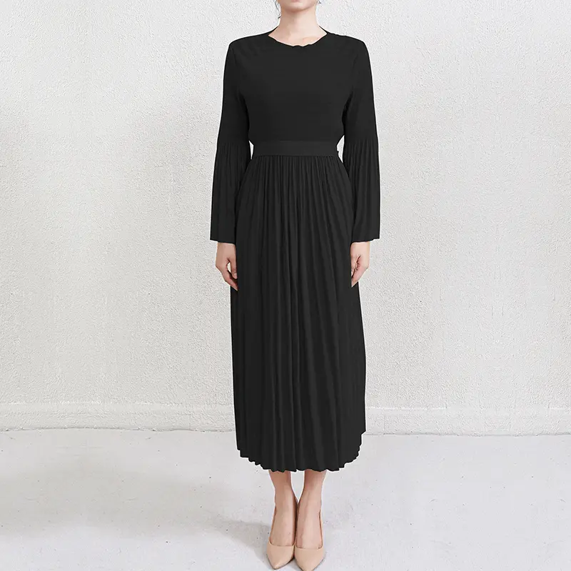 LANMREM Niche Chic Women's Pleated Flare Long Sleeve Dress 2025 Autumn Bandage Deisgn O-neck Mid-Length Inner Dresses 2DB3858