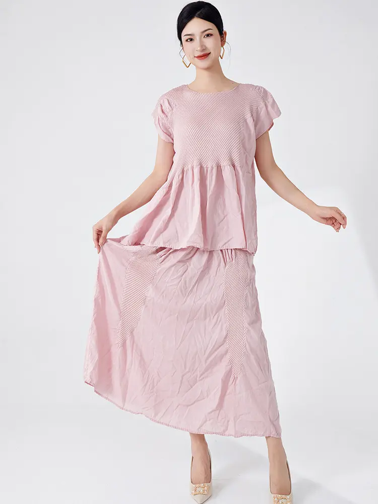 LANMREM High Quality Pink Irregular Pleated Design Women's Set 2025 New Summer Short Top And Elastic Waist Skirt Chic 2DB3317