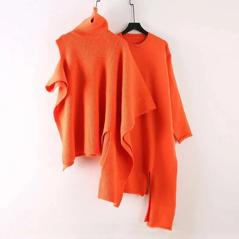 LANMREM 2025 New Spring And Winter Women's High Neck Off Shoulder Irregular Batwing Sleeve Pullover Female Sweater Sets 2C647