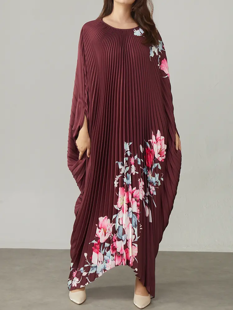 LANMREM Large Pleated Gradient Dress For Women 2025 Summer New Loose Print Batwing Sleeve Maxi Dresses Party Clothing 2DM1026