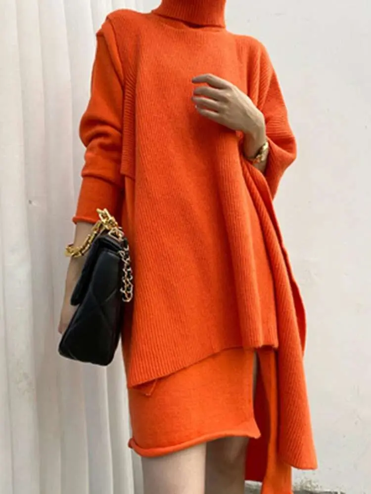 LANMREM 2025 New Spring And Winter Women's High Neck Off Shoulder Irregular Batwing Sleeve Pullover Female Sweater Sets 2C647