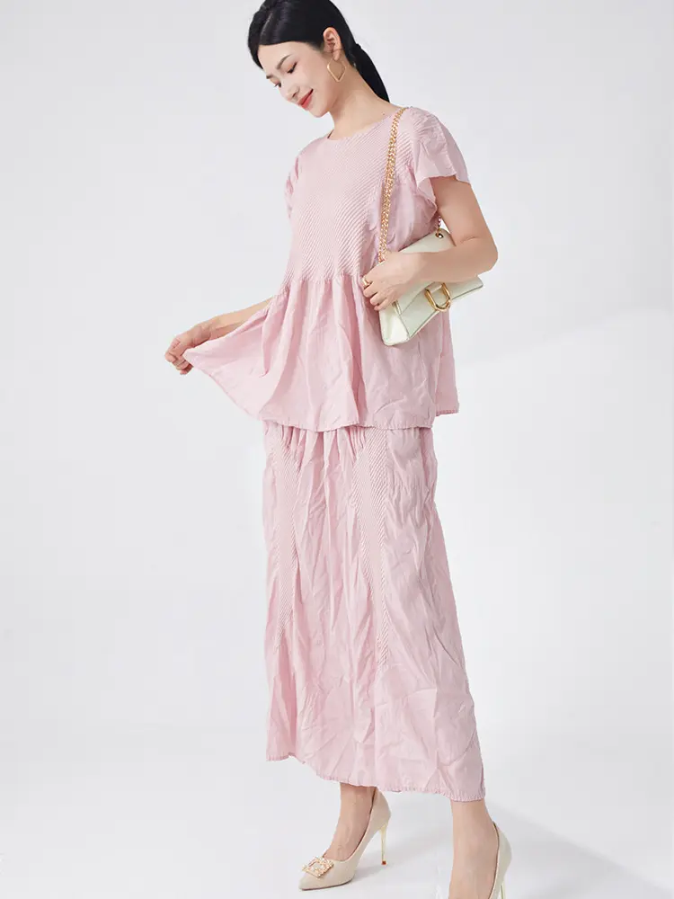LANMREM High Quality Pink Irregular Pleated Design Women's Set 2025 New Summer Short Top And Elastic Waist Skirt Chic 2DB3317