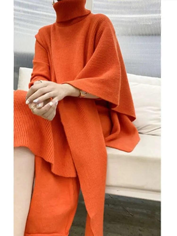 LANMREM 2025 New Spring And Winter Women's High Neck Off Shoulder Irregular Batwing Sleeve Pullover Female Sweater Sets 2C647