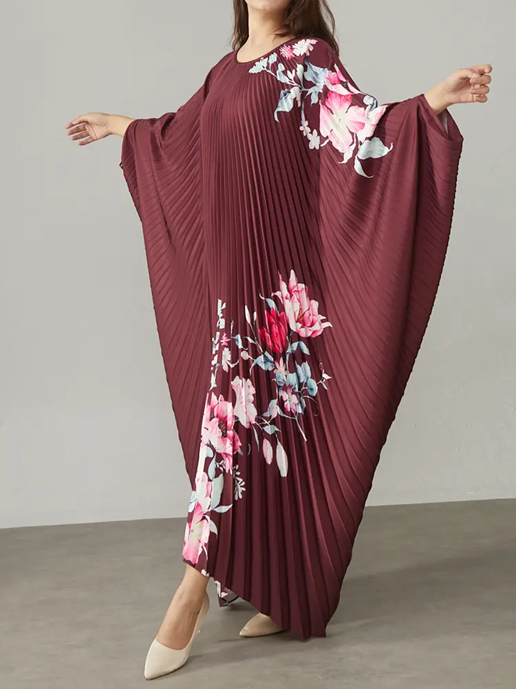 LANMREM Large Pleated Gradient Dress For Women 2025 Summer New Loose Print Batwing Sleeve Maxi Dresses Party Clothing 2DM1026