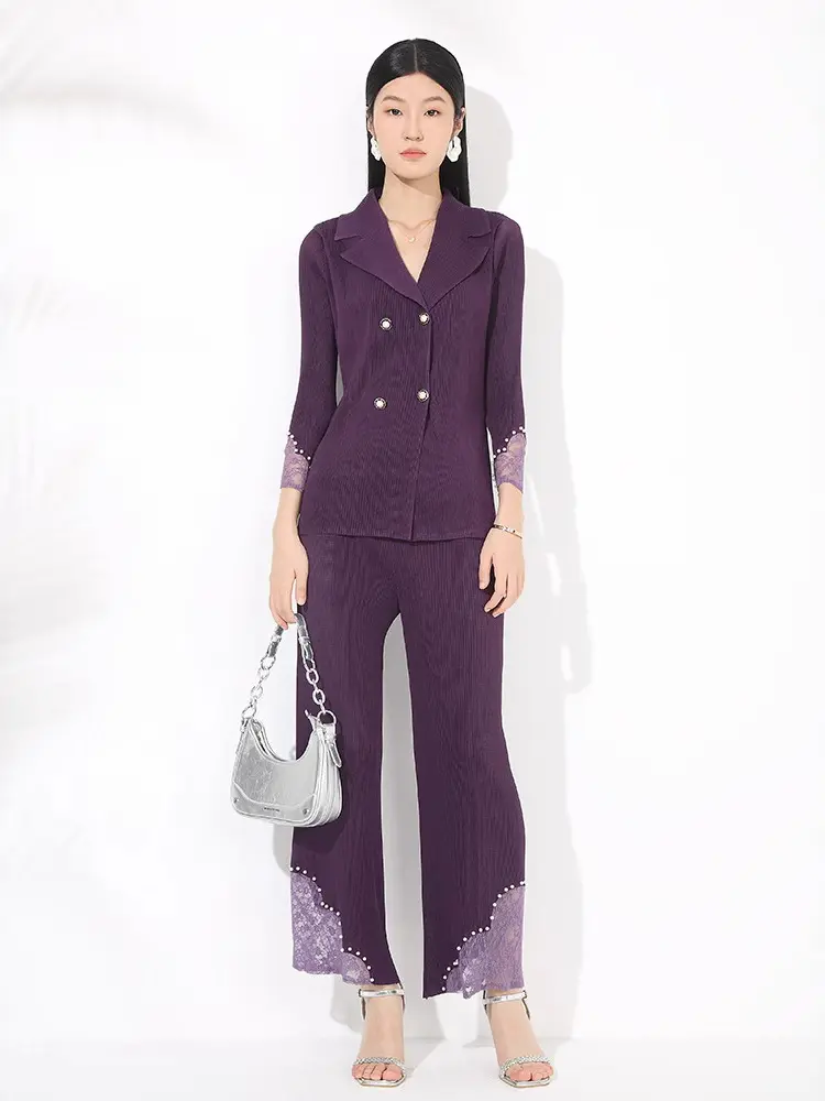 LANMREM Pleated Suit Two Pieces Set For Women Double Breasted Patchwork Coat And High Waist Straight Leg Pants 2DB3409