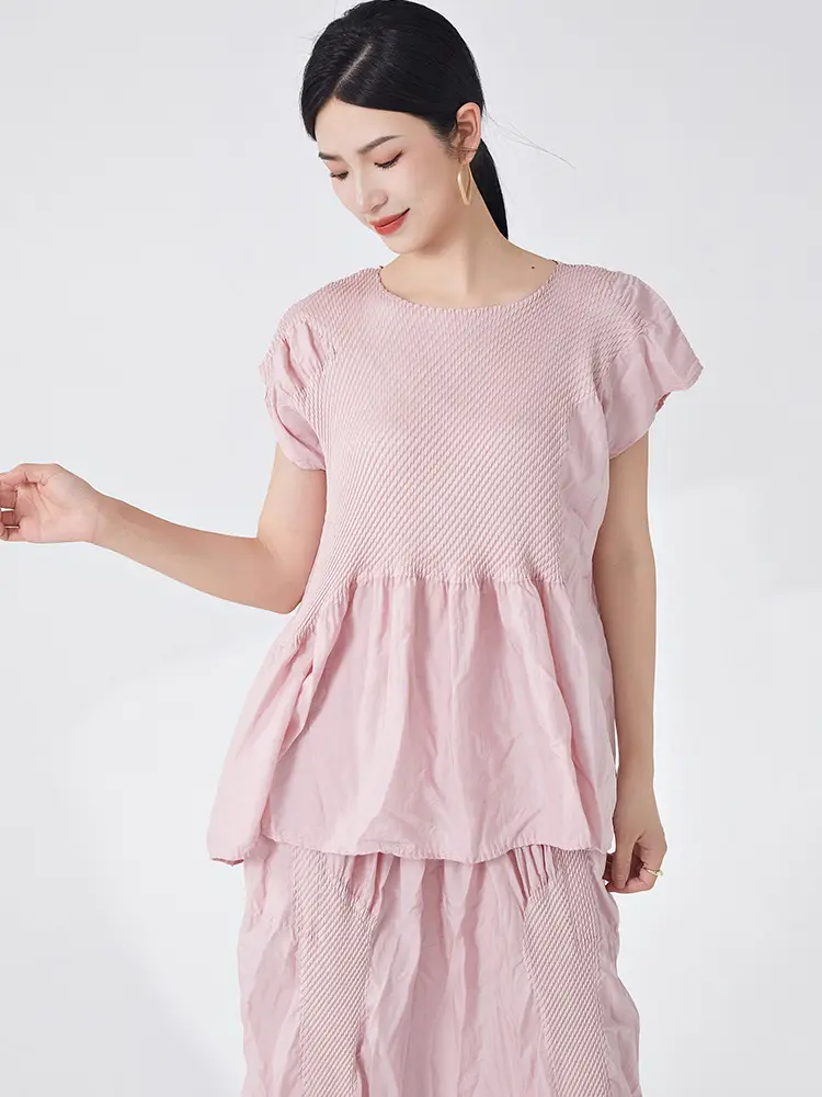 LANMREM High Quality Pink Irregular Pleated Design Women's Set 2025 New Summer Short Top And Elastic Waist Skirt Chic 2DB3317