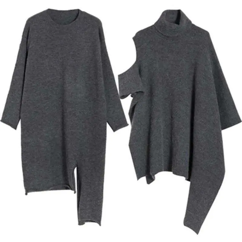LANMREM 2025 New Spring And Winter Women's High Neck Off Shoulder Irregular Batwing Sleeve Pullover Female Sweater Sets 2C647