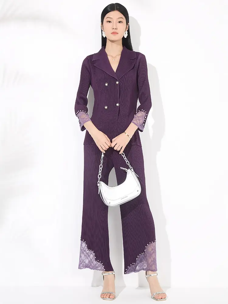 LANMREM Pleated Suit Two Pieces Set For Women Double Breasted Patchwork Coat And High Waist Straight Leg Pants 2DB3409
