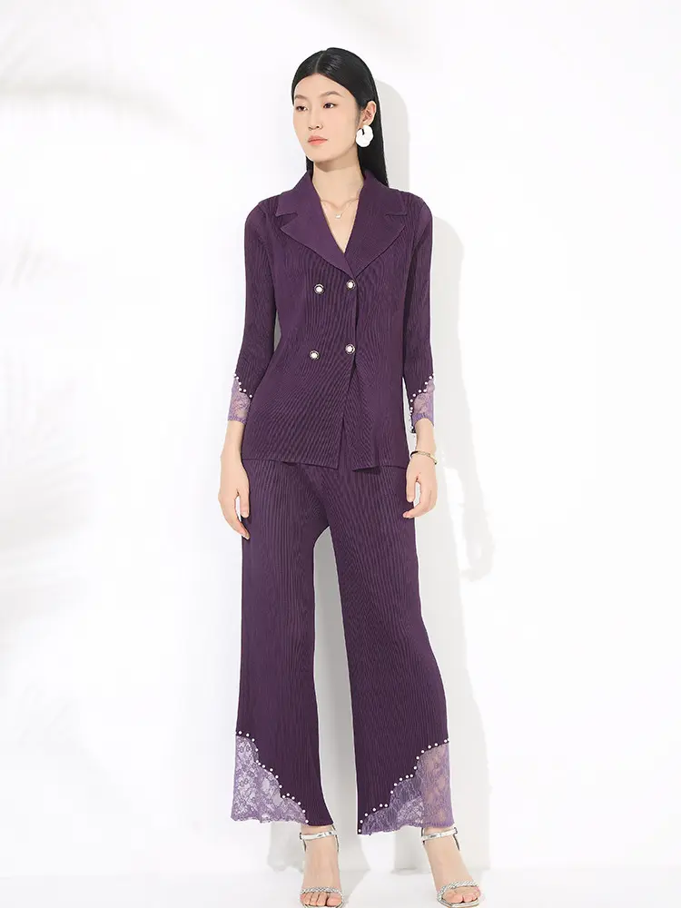 LANMREM Pleated Suit Two Pieces Set For Women Double Breasted Patchwork Coat And High Waist Straight Leg Pants 2DB3409