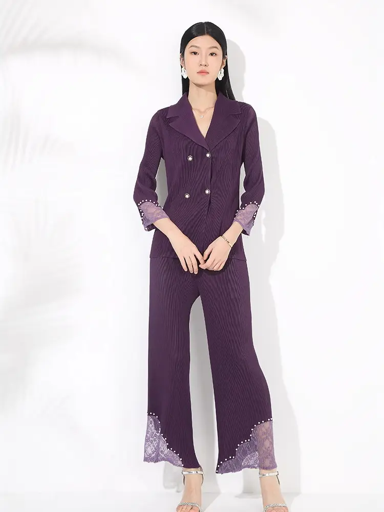 LANMREM Pleated Suit Two Pieces Set For Women Double Breasted Patchwork Coat And High Waist Straight Leg Pants 2DB3409