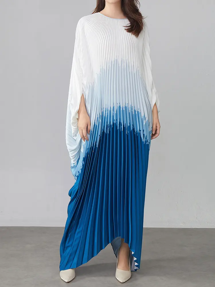 LANMREM Large Pleated Gradient Dress For Women 2025 Summer New Loose Print Batwing Sleeve Maxi Dresses Party Clothing 2DM1026