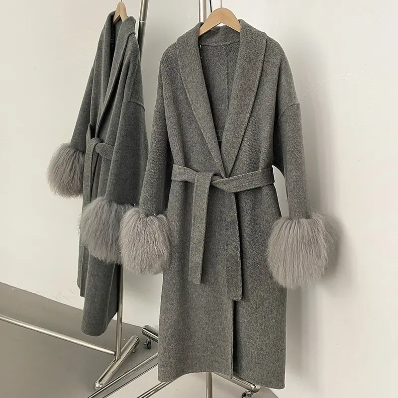 LANMREM High Quality Double-Sided Dark Grey Long Wool Coat Women's Autumn Winter High-End Real Fur Cuffs Patchwork Coats 2DB4002